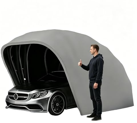 Cochera para Coche Exterior Cobertizo Plegable Semiautomática Garaje Exterior Móvil Acero Inoxidable Tela Oxford de Espesor 600D Impermeable SUV Motos Bicicletas (5.9×2.7×2.45m)