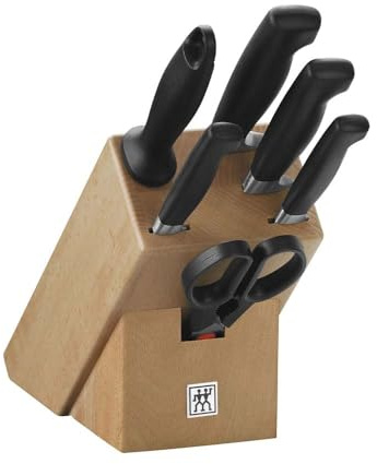 ZWILLING Vier Sterne Messerblock, 7-teilig, Holzblock Buche, Messer, Wetzstab und Schere, Rostfreier Spezialstahl/Ergonomischer Kunststoff-Griff, Schwarz [Made in Germany]