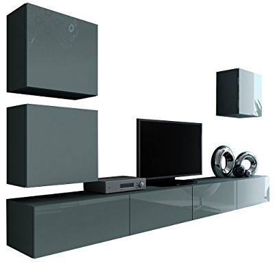 Wohnwand Vigo XXII, Design Mediawand, Modernes Wohnzimmer Set, Anbauwand, Hängeschrank TV Lowboard, (Grau/Grau Hochglanz)