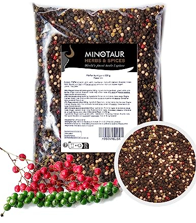 Minotaur Spices | Poivre coloré entier | 2 x 500 g (1 kg) | Poivre à 4 baies mélange de grains noirs, blancs, verts et roses