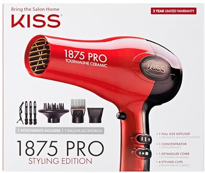 Kiss 1875 Watt Pro Tourmaline Ceramic Hair Dryer, Styling Edition, 3 Heat Settings, 2 Speed Settings, Cool Shot Button, 7 Blow Dryer Accessories Included, 2-Year Warranty - Red