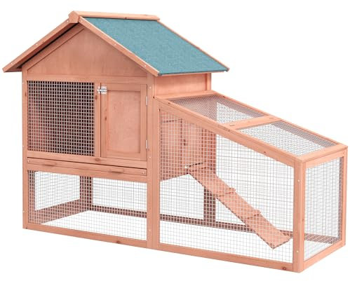 PawHut Kleintierstall Kleintierkäfig mit Asphaltdach Freilaufgehege Doppelstöckig Tannenholz Natur 144 x 64,5 x 100 cm