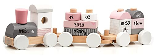 Holz Eisenbahn rosa - personalisierbar I Geschenk zur Geburt Mädchen I Handmade Holzspielzeug mit Steckformen I Personalisierte Geschenke Baby I Holzzug mit Name & Geburtsdaten
