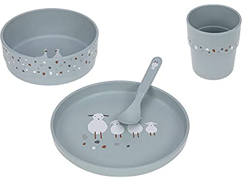 LÄSSIG Set de vaisselle pour enfants (assiette, gobelet, bol, cuillère) sans mélamine, sans BPA, pour lave-vaisselle et micro-ondes/Dish Set Tiny Farmer Sheep