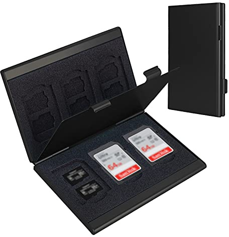 Portatarjetas SD, estuche para tarjeta SD, LAVILI CF, estuche de aleación de aluminio, carcasa dura de doble capa para tarjetas 6SD y 12 tarjetas TF, color negro