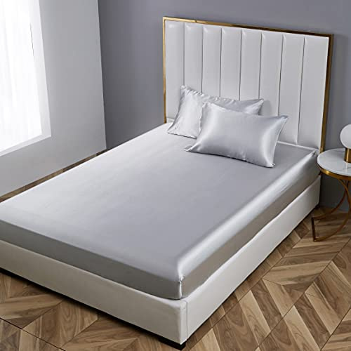 Damier Spannbettlaken 180x200cm Grau Satin Seide Glänzend Bettlaken Hochwertiges Deluxe Unifarben Spannbetttuch, geeignet für Matratzen bis 30cm