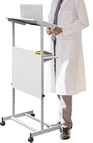 VEVOR Rednerpult Stehpult höhenverstellbar mit 4 Rollen 2-stufige Schichte, Mobil Schreibpult Stehtisch Pult Laptoptisch Weiß Stehschreibtisch aus SPCC Klassenzimmer Büro Hause Studio