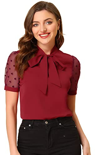 Allegra K Women's Bow Tie Neck Mesh Short Sleeve Office Work Blouse