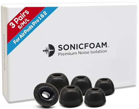 SONICFOAM Memory-Schaum-Ohrhörer-Aufsätze – Prämie Geräuschisolierung, Ersatz-Ohrhöreraufsätze aus Schaumstoff, 10 Stück für Airpods Pro 1 & 2 (SFAIR S/M/L, Schwarz)