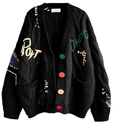 Cárdigan de Punto Trenzado para Mujer, Manga Larga, Frente Abierto, Oveja, Cuello de Pico, Botones, Bordado, Mezcla de Lana, Abrigo para Exteriores, Negro -, S