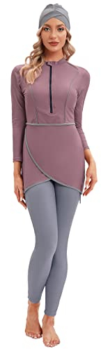 IBTOM CASTLE Muslimische Badeanzug Damen, Burkini Damen Muslim, Ganzkörper Badeanzug, Hijab Badeanzug, Bescheidene Modest Muslim Swimwear Langarm Top+Hosen+Hijab 3 Stücke Set Lila &rosa S