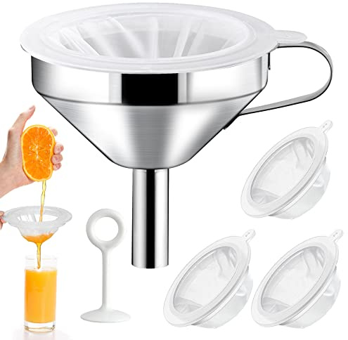 Elesunory 4 Pcs 200 Mesh Food Filter Strainer with 1 Pcs Funnel and Squeezing Rod, Reusable Ultra Fine Mesh Strainer for Filtering Juice Coffee Milk Honey, Kitchen Funnels for Filling Bottles