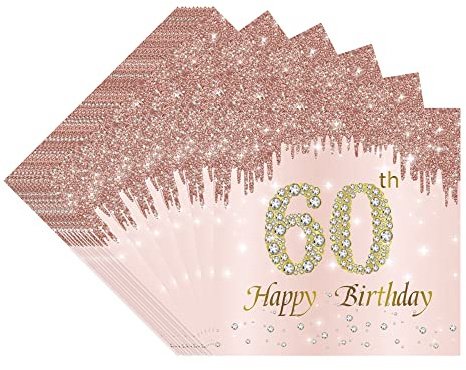 TOPWAYS 60 Geburtstagsdeko Servietten, Roségold Papier Party Servietten Tischdeko für 60. Geburtstag Mädchen Frau Frauen Happy Birthday Servietten Decorations 40 Stück (Geburtstag 60)