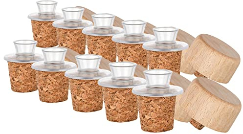 10er-Pack Kunststoff-Ausgießer mit Holz-Deckel und Kork-Stopfen | schmal | geeignet für Öl, Essig, Spirituosen oder Liköre