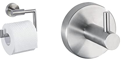 WENKO Toilettenpapierhalter Bosio Edelstahl matt - 15 x 10.5 x 6.5 cm, Wandhaken Uno Bosio Edelstahl matt - 5.5 x 5.5 x 5.5 cm, Matt