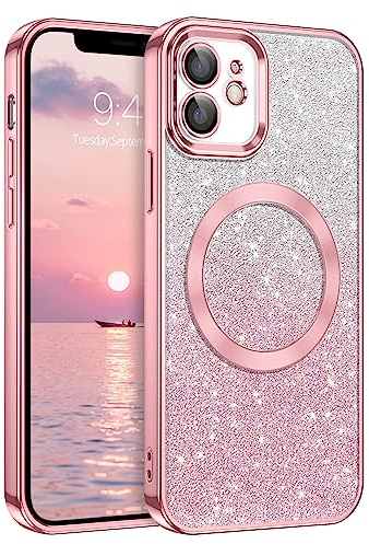 DUEDUE Glitzer Hülle für iPhone 12 6,1'' [Kompatibel mit MagSafe] Glitzer Handyhülle mit Kameraschutz, Magnetische Stoßfeste Schutzhülle Soft TPU für iPhone 12 Case, Rosa