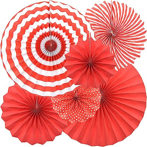 Hocansen 6 Stück Papierfächer Deko 20/30/40cm Hängende Papier Fächer Dekoration Runde Gestreifte Papierfächer für Party, Geburtstag, Festival (Rot/ZS)
