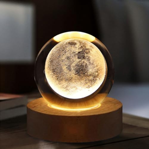Starnearby 3D Kristallkugel Nachtlicht, 60mm Glaskugel Lampe mit Holzsockel, Sonnensystem Kristallkugel Planeten Lampe, Astronomie Geschenk für Mutter, Kinder, Freundin (Moon Lampe)