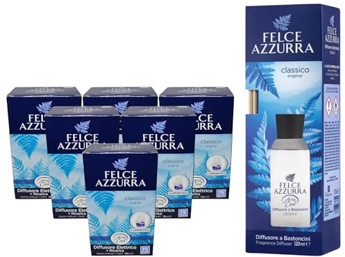 Felce Azzurra, Aria di Casa, Diffussore Elettrico Luminoso + Ricarica da 20ml, CLASSICO (6 Unità) + Diffusore a Bastoncini CLASSICO 120ml