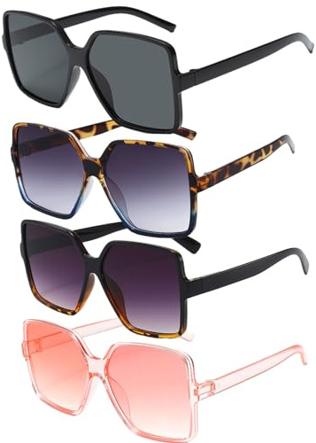 EUPSIIU 4 Stück Rechteckige Übergröße Sonnenbrille, Sonnenbrille Damen, Vintage Sunglasses Fahren Reisen, Retro Sonnenbrille für Damen Herren Schutz, Quadrat Brillen Mode (Mehrfarbig) (Mehrfarbig)