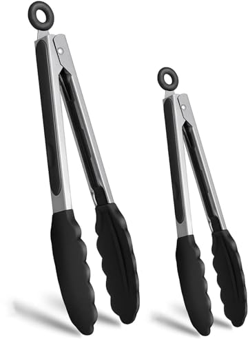 MHwan Grillzange, 2 Stück Küchenzange Edelstahl, die den Topf Nicht Beschädigen, BPA-Frei, Lebensmittelechtem Silikon mit Verbrühschutz Rutschfestigkeit Zange Küche, 21cm, 27,5cm, Waschmaschinenfest