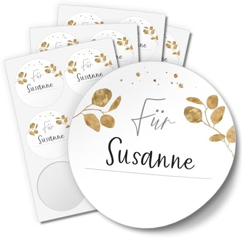 48 Aufkleber FÜR NAMEN für Hochzeit Geburtstag Danke Taufe Etiketten rund 4cm, Eukalyptus Goldoptik