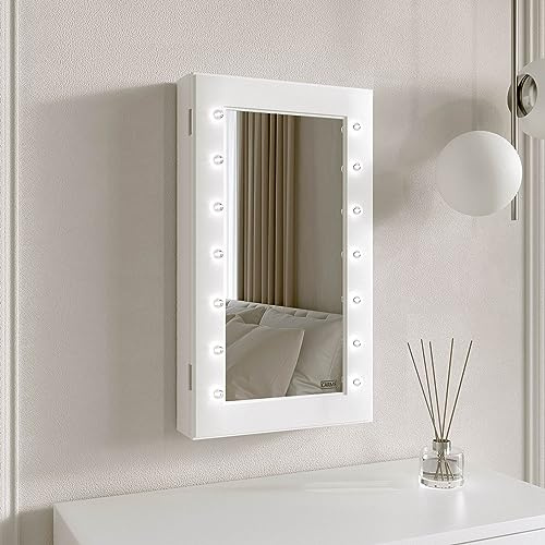 FABS Katie Armoire de rangement à bijoux avec miroir et lumières LED, armoire murale et de table pour chambre à coucher, coiffeuse, organiseur de beauté avec porte-bague, collier et boucles