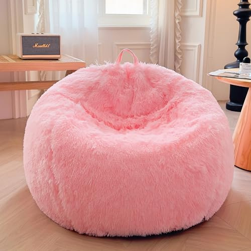XeGe Comfy Bean Bag Cover for Living Room(No Filler), Fluffy Stuffed Animal Storage Bean Bag Chair Cover Home Decor, Furry Fuzzy Big Gaming Bean Bag Cover Adults Kids Girls, Anti-slip, Pink