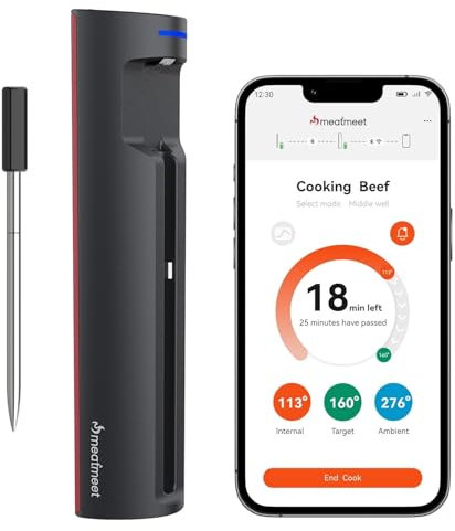 Meatmeet Pro Termómetro para carne con wifi y Bluetooth, monitoreo por app con temporizador y alarma, IP67 resistente al agua y al aceite, termómetro inalámbrico para barbacoa, horno, parrilla, cocina