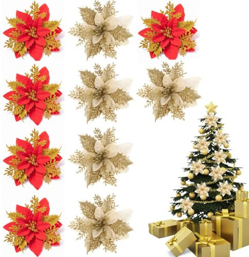 EIHI Lot de 10 fleurs de Noël à paillettes avec 12 poinsettia artificielles pour sapin de Noël