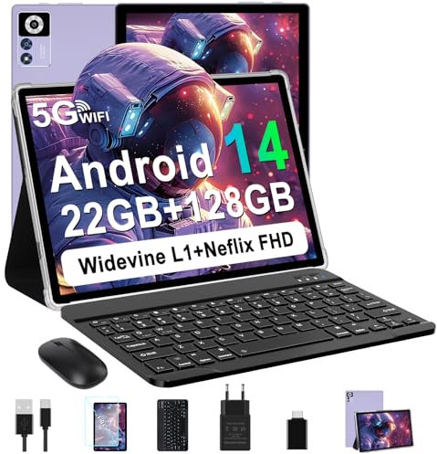 ZIOVO Android 14 Tablet 10 Pulgadas, 22GB RAM+128GB ROM (TF 1TB), 5G WiFi, Widevine L1/Octa-Core/2.0GHz/8000mAh/Cuerpo Metálico/8+5MP/ Tablet 2 en 1 con Teclado y Ratón- Violeta