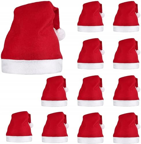 Martom 12 x Weihnachtsmützen, Nikolausmützen Weihnachtsmann Mütze Rot – Perfekter Zusatz als Weihnachtsmannkostüm – Weihnachten Mützen für die Ganze Familie oder für Weihnachtsfeiern der Arbeit