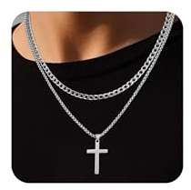 HSWYFCJY kreuz Kette Herren Halskette Silber/Gold/Schwarz Edelstahl Kreuzkette Lang 50/55/60cm Kubanische Kette Geschichtet kreuz Halskette Geburtstag Christlicher Schmuck Geschenke für Männer