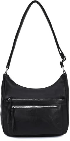ITALYSHOP24 OBC Damen Tasche Shopper Schultertasche Umhängetasche Crossbody Hobo Bag Henkeltasche Beuteltasche Crossover Handtasche City Bag Reise Leder Optik Schwarz