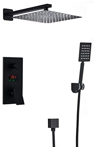 UHJKLA Système de Douche Noir, Ensemble de Robinet de Douche à Double Fonction avec Affichage de la température, pommeau de Douche à Effet Pluie en Acier in