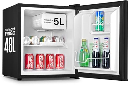 Wintem Minifrigo Bar Nero 48L con Freezer da 5L - Capacità di Raffreddamento 0°/10°C - Minifrigo da Camera Silenzioso 85W Ideale per Ufficio, Hotel o Casa - Frigo Piccolo con Porta Bibite