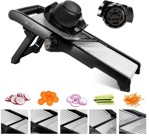 Adjustable Mandoline Slicer 5-in-1 Stainless Steel Vegetable Cutter with Ultra Sharp Blades, Julienne Slicer & Shredder for Potato, Onion