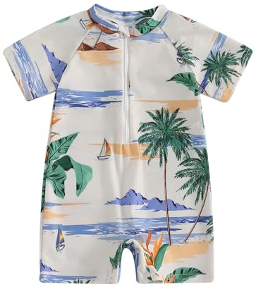 Nicoxijia Toddler Baby Boy Shark Swimsuit Sun Protection Short Sleeve Bathing Suit Summer One Piece Zip Up Rash Guard Swimwear (White, 18-24 Months)