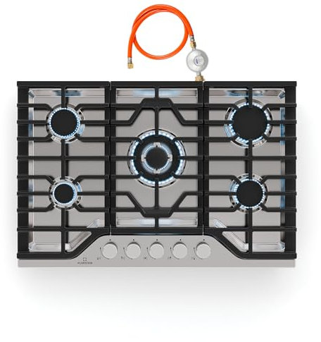 KLARSTEIN Turbocast - Piano Cottura a Gas, 5 Bruciatori, Acciaio Inox 304, Wok: 3,4 kW, Accensione Elettrica, Sicurezza Antifiamma, Kit per GPL Incluso, Fornello a Gas Professionale, 750x100x500 mm