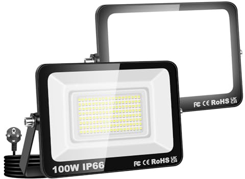 Willpower 2 st LED-strålkastare för utomhusbruk med uttag, 100 W 1 0000 LM, 6 000K kallvit, IP66 vattentät belysning säkerhetsljus för trädgård uteplats garage hem