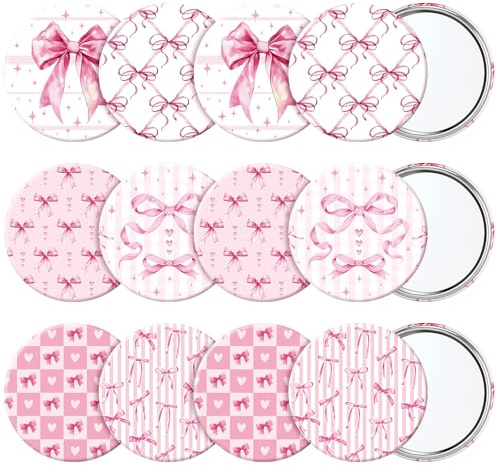 Geelin Pink Compact Mirror Bulk Bow Party Favors Coquette Aesthetic Mini Mirror for Purse Pocket Women Girl Birthday Wedding Bridal Show(12 Pcs,Pink Bow)