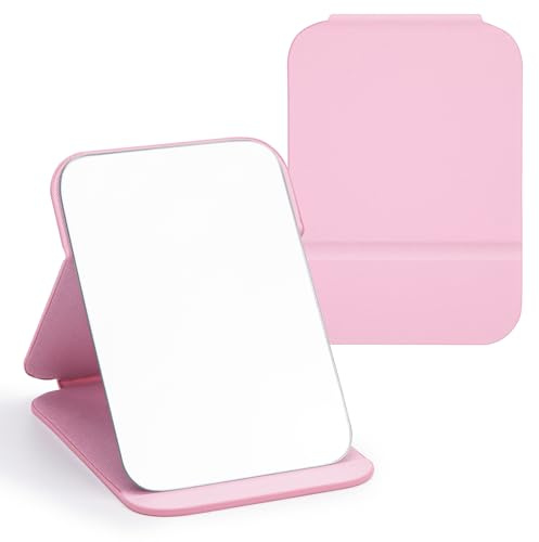 WISYOK Reisespiegel Klappbar, 16x12cm, Rosa PU-Leder, Abgerundete Ecken | Tischspiegel mit Mehrfach-Standwinkel, Klappspiegel, Super HD Schminkspiegel, Handspiegel für Reisen, Zuhause, Make-up