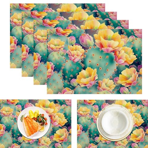 Cactus en Fleurs Sets De Table, Set De 6 Toile De Jute Antidérapants Lavables, Fleurs Jaunes Résistants À La Chaleur, Sets De Table pour Cuisines, Restaurants Et Hôtels, 45 X 30 Cm