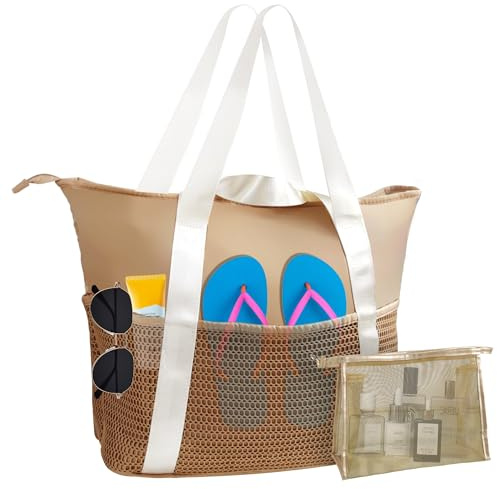Dajidafu Strandtasche Damen mit Reißverschluss Strandtasche xxl Familie Wasserdicht Mesh Badetasche Groß Faltbar Beach Bag Braun für Shopping Strandurlaub Schwimmbäder und Alltag