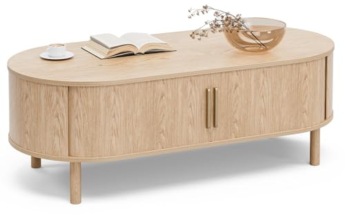 ZttRiee Round Coffee Table with Sliding Doors, Modern, Natural