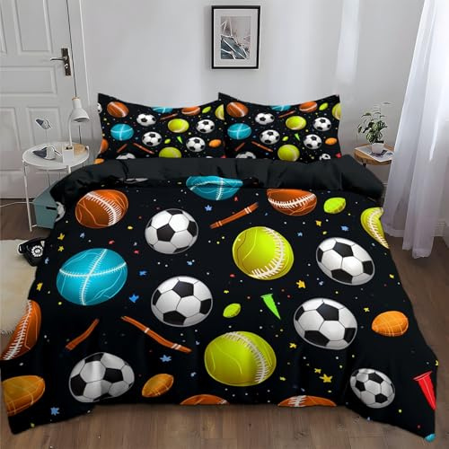 Style Cartoon Motifs Sportifs Ballon Housse de Couette 140 x 200 cm pour Adulte Enfant - Noir Imprimé 1 Personnes Parure de Lit, Doux Sets de Housse Couette en Coton Polyester avec 2 Taies d'oreillers