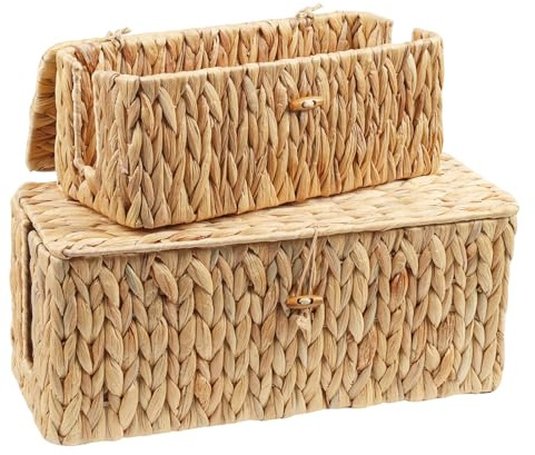 Kottwca 2 Stück Kabelbox, Handgefertigter kabelmanagement Box aus Wasserhyazinthe mit Deckel, Kabel Organizer, Kabelaufbewahrung mit Seitlicher Öffnung zum Verstecken von Kabeln,Geeignet für Haus,Büro