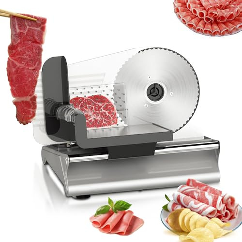 Electric Meat Slicer with Stainless Steel Blade, Adjustable Thickness for Deli, Ham, Cheese, and Beef Cutting