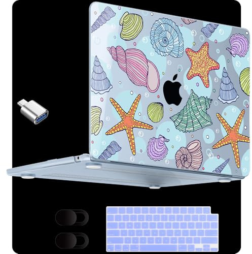 MEEgoodo Schutzhülle für MacBook Air 15 Zoll (M4/M3/M2) 2025 2024 2023, passend für Modell (A3241/A3114/A2941) für 15,3 Zoll Laptop, transparente Hülle mit Tastatur und Webcam-Abdeckung, Ozeanmuscheln