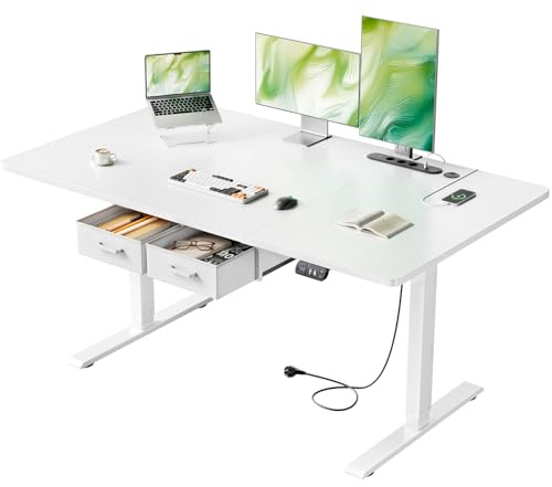 HLONONE Höhenverstellbarer Schreibtisch mit Steckdose, 140x80 cm, Weiß | 2 AC-Anschlüsse & 3 USB-Anschlüssen, 2 Schubladen, Memory Funktion, 72-117cm Höhenverstellbarer, für Homeoffice